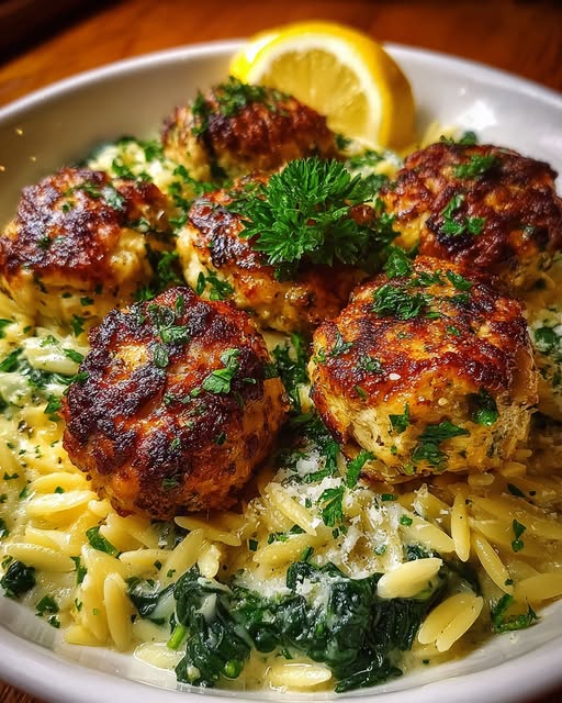 Lemony Chicken Ricotta Meatballs Over Garlic Spinach Orzo Recipe