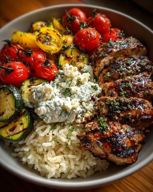 Balsamic Chicken Rice with Grilled Veggies & Whipped Feta Recipe