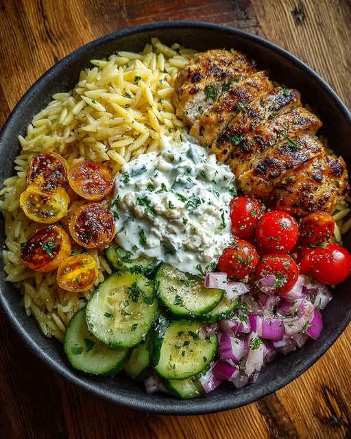 Lemon Dijon Chicken Orzo Bowl with Garlic Feta Yogurt Sauce Recipe - Recipe Image