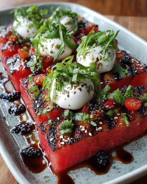 Place grilled watermelon steaks on a serving plate Recipe