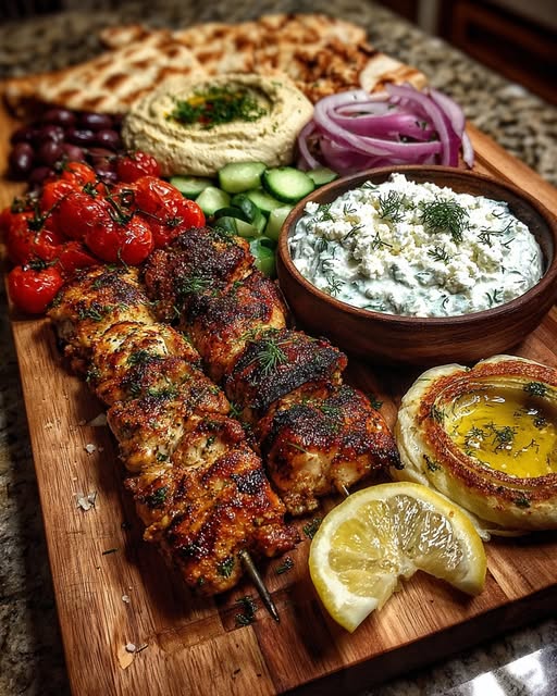 Greek Grilled Chicken Souvlaki Mezze Board with Feta Dip Recipe