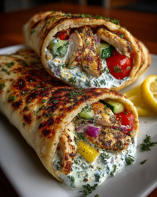 Greek Lemon Chicken Pita Wraps with Dill Garlic Feta Sauce Recipe
