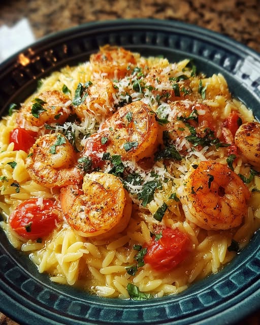 Basil-Tomato Shrimp Orzo with Parmesan Recipe - Recipe Image