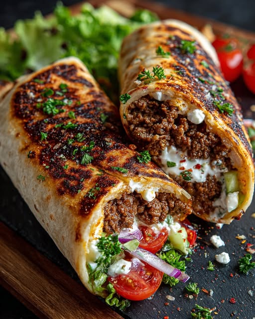Mediterranean Ground Beef Wrap with Garlic Honey Feta Sauce Recipe - Recipe Image