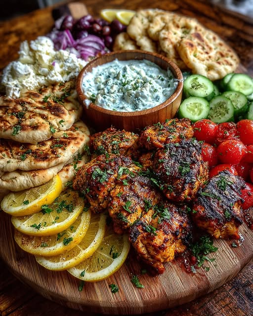 Greek Chicken Souvlaki Mezze Board with Feta Dip Recipe