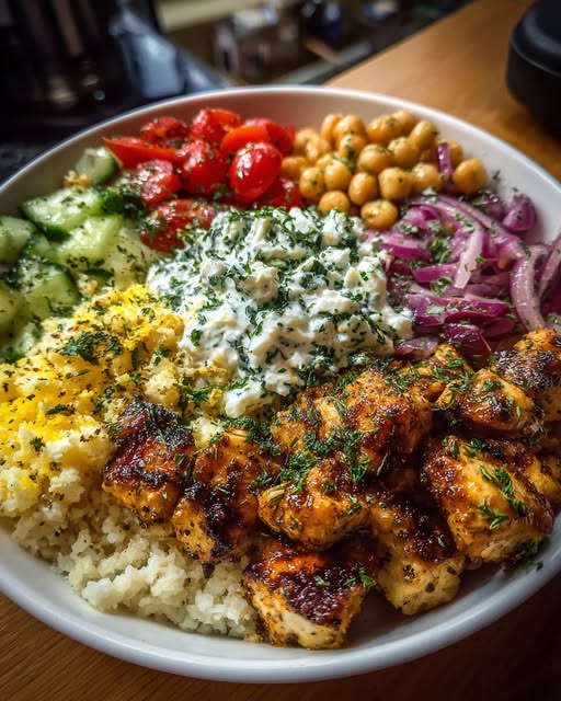 Mediterranean Chicken Power Bowl with Herb Feta Sauce Recipe