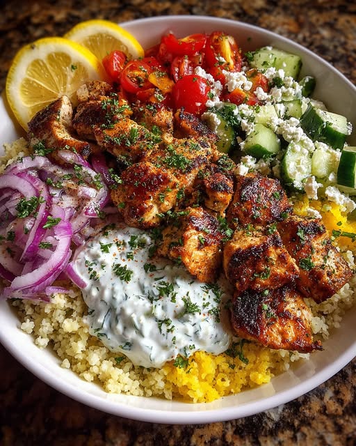 Mediterranean Chicken Power Bowl with Yogurt Feta Sauce Recipe - Recipe Image