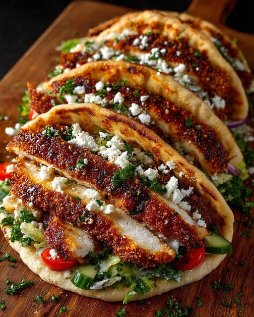 Crispy Hot Honey Feta Chicken Pita with Tahini Drizzle Recipe - Recipe Image