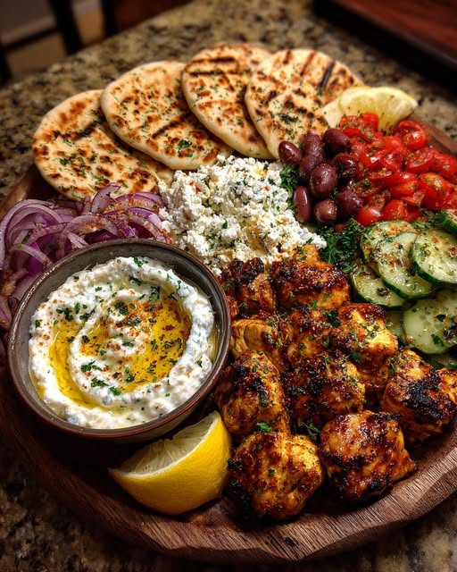 Souvlaki Mezze Board with Spicy Feta Dip Recipe