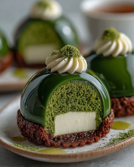 Matcha White Chocolate Emerald Mirror Domes Recipe